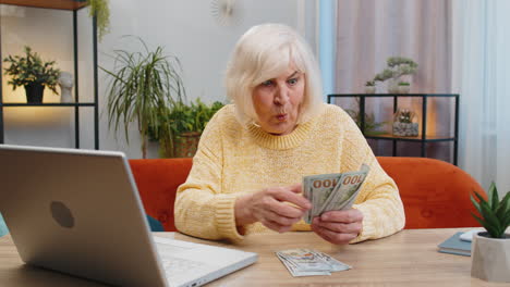Glückliche-ältere-Frau,-Die-Geld-Zählt-Und-Einen-Laptop-PC-Verwendet,-Um-Zu-Hause-Das-Einkommen-Im-Inland-Zu-Berechnen