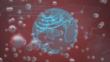 animación de células de covid-19 y procesamiento de datos en el mundo y mapa del mundo contra fondo rojo