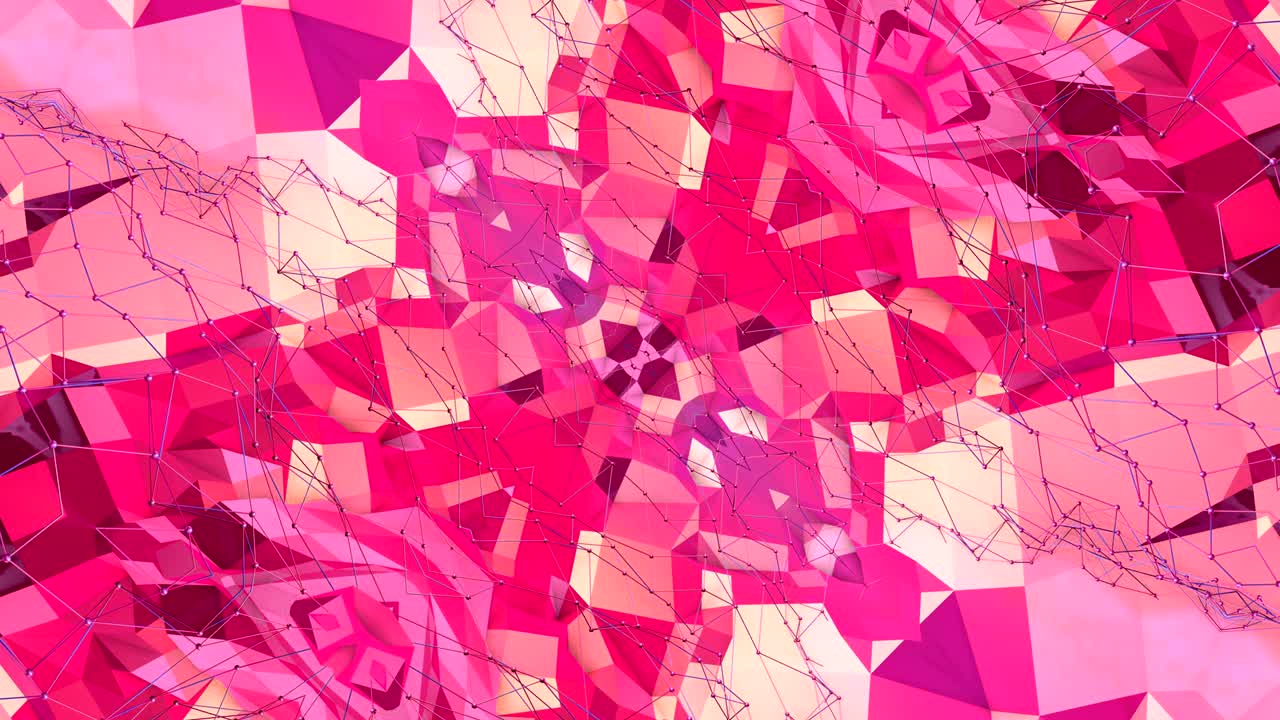 fondo abstracto geométrico rojo bajo como un efecto de vidriera o caleidoscopio en movimiento en 4k. animación 3d de bucle, imágenes sin costuras en el popular estilo bajo de poli. v23