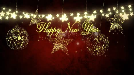 Animation-of-happy-new-year-over-golden-baubles-and-light-chains