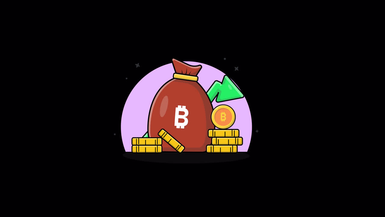 Borsa di denaro Bitcoin animata con monete d'oro in crescita e freccia in su