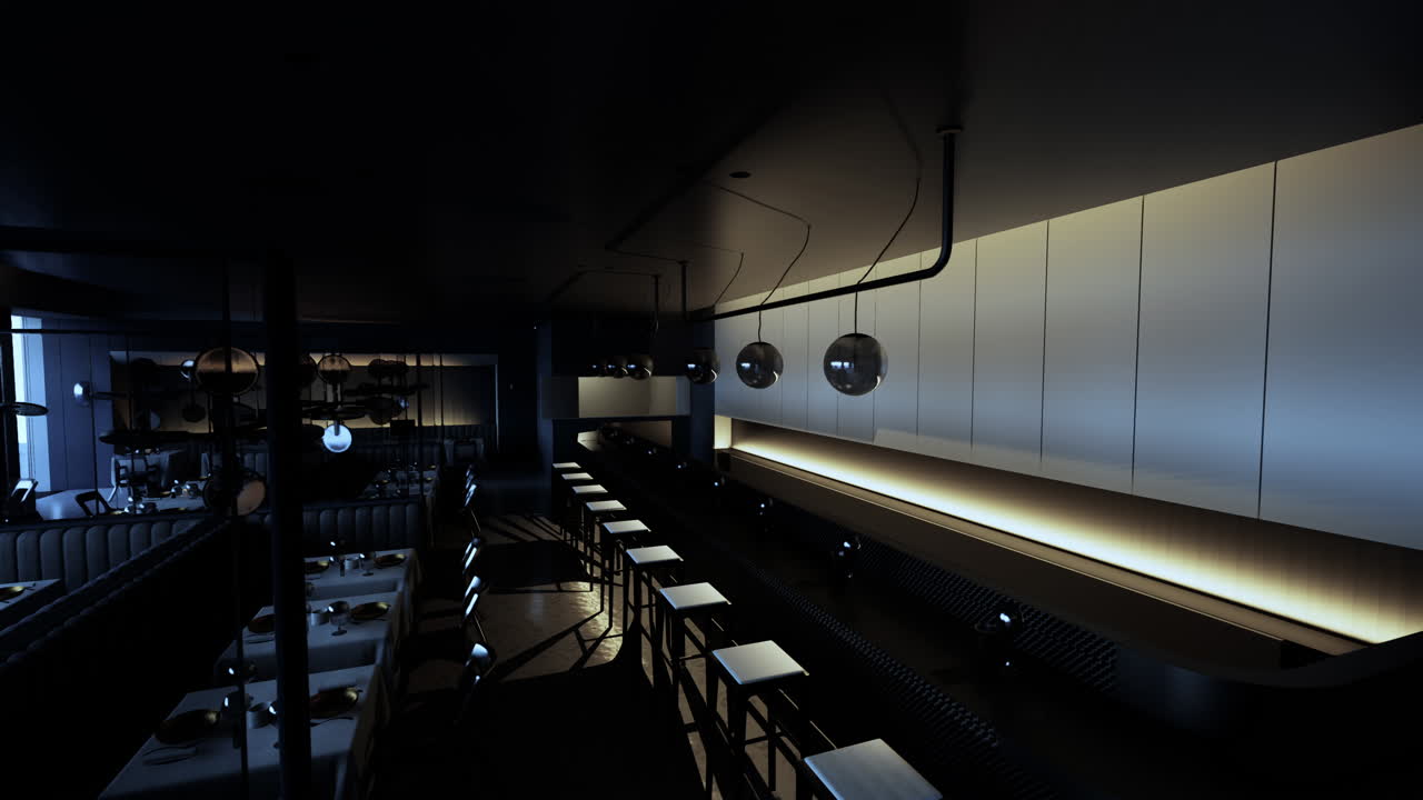 현대적인 어두운 레스토랑과 바 인테리어 디자인