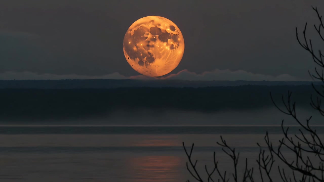 Lua cheia laranja nascendo clareando o horizonte nebuloso enquanto a noite se aprofunda, refletindo no mar com galhos