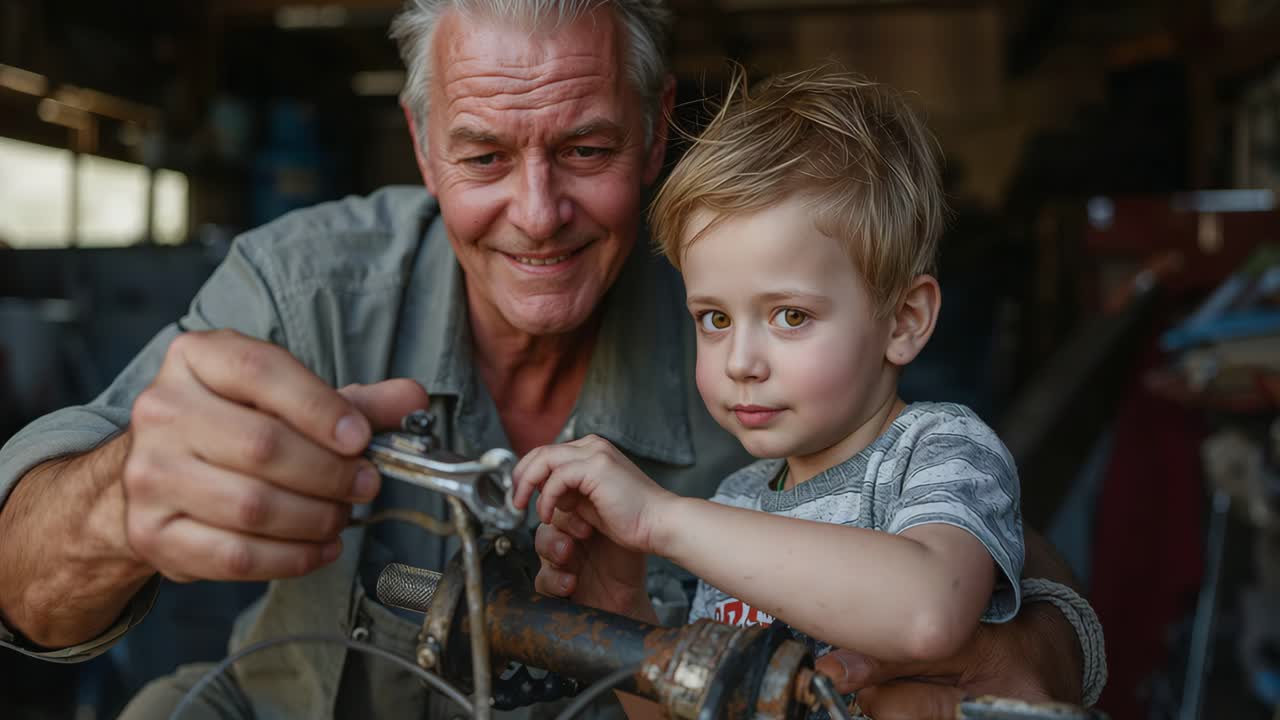 Grandfather positioning adjustable wrench, teaching grandson tightening brake lever at garage bench