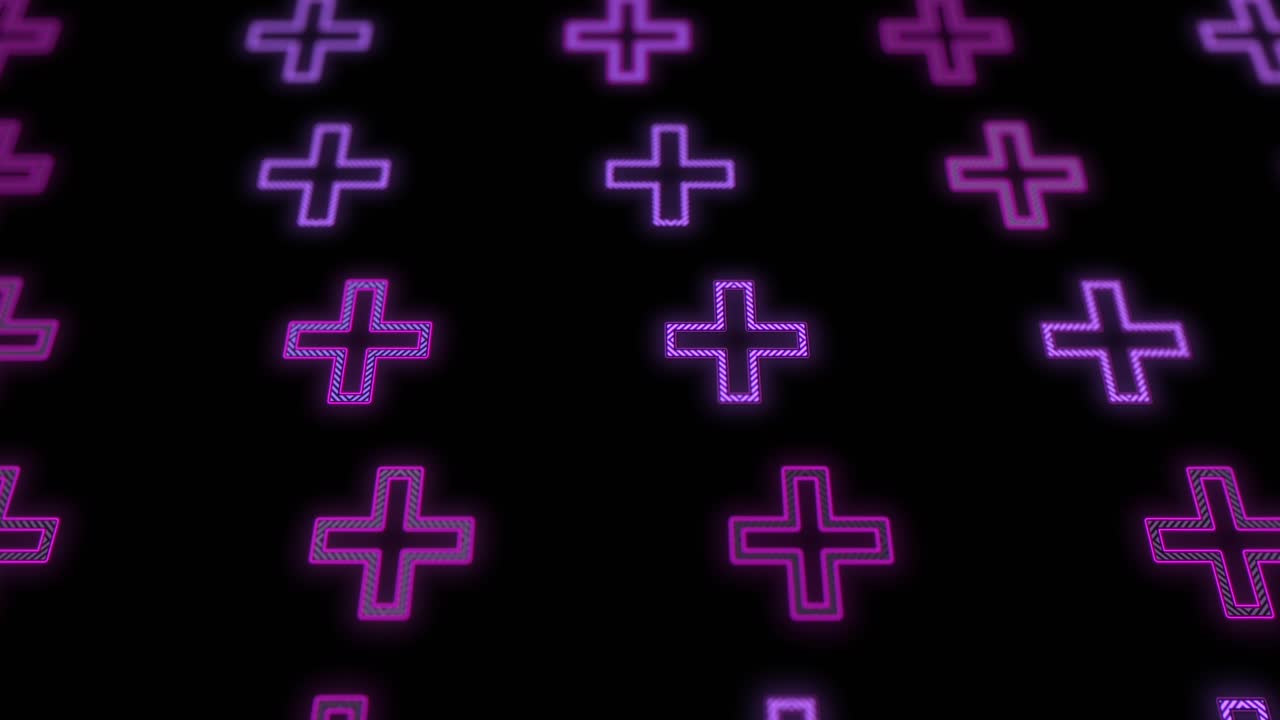 patrón de signo más de neón púrpura pulsante en filas
