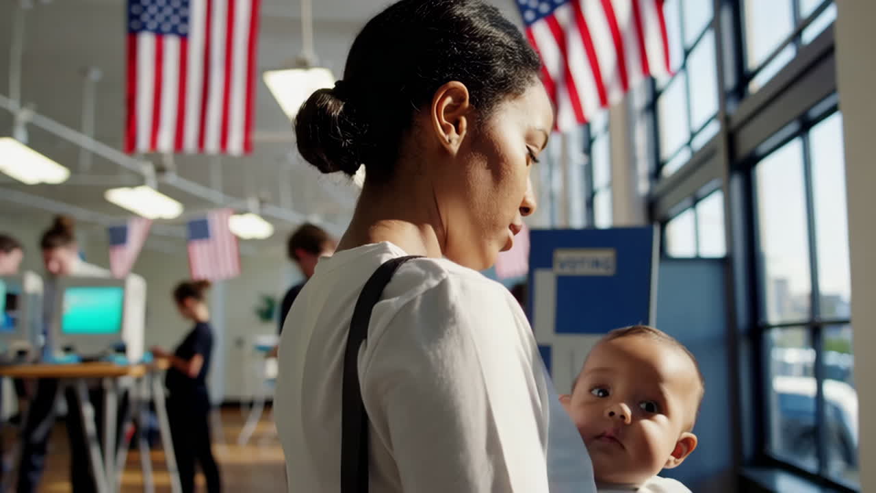 Mother and baby at a polling station with American flags