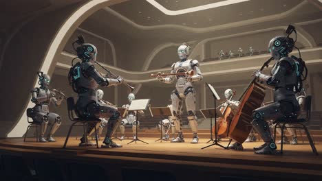 a futuristic orchestra where humanoid robots play classical instruments, showcasing a blend of technology and artistry in an elegant concert hall setting