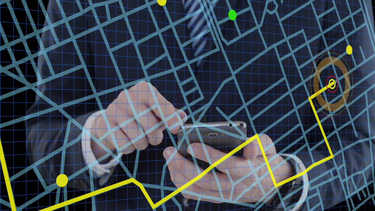 esquema de la línea de navegación del mapa contra la sección media del hombre de negocios que usa un teléfono inteligente