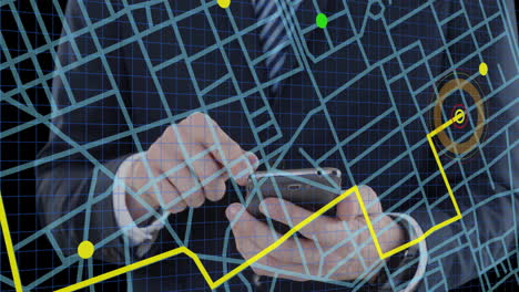 esquema de la línea de navegación del mapa contra la sección media del hombre de negocios que usa un teléfono inteligente