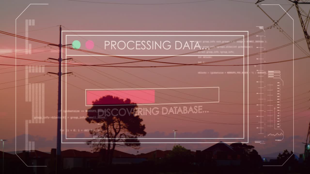 HUD appearing at dusk, filling progress bar through encrypting then disappearing revealing towers