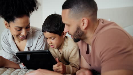 love, relax and happy family with tablet in a bed