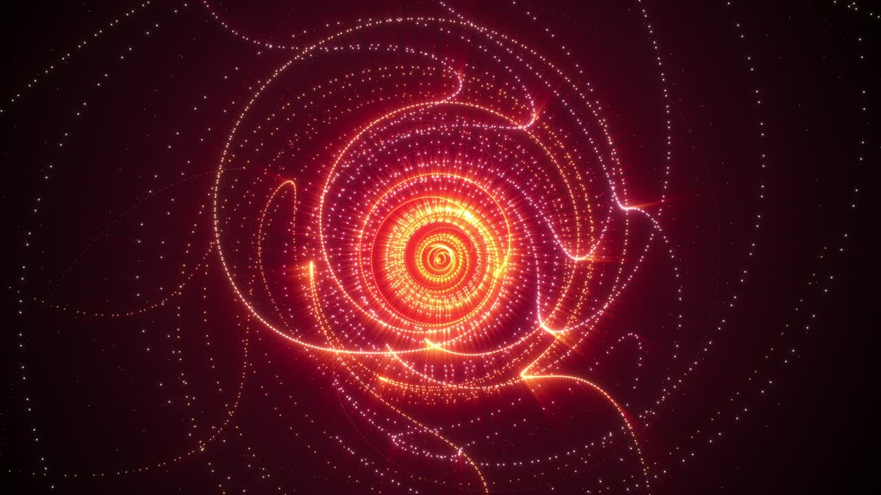 animación de fondo de movimiento abstracto partículas rosadas doradas brillantes en el espacio girando y girando formas y fluye con rayos de luz. 4k 3d bucle sin costuras parpadeando líneas de remolino partículas de fondo brillante.