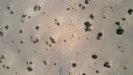 Straight-down-drone-shot-flying-over-a-car-driving-down-a-road-through-the-Tatón-desert-in-Catamarca,-Argentina