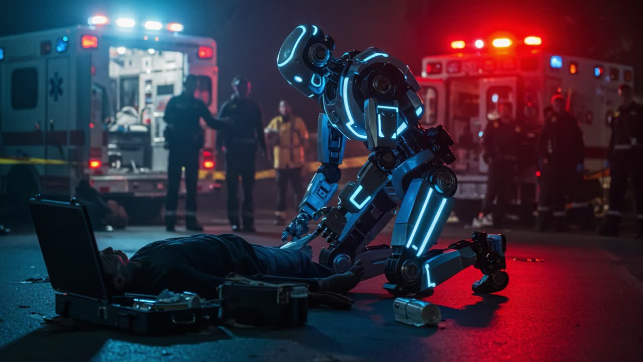 In a futuristic emergency scene, a luminescent robotic figure performs lifesaving measures on an unconscious individual, surrounded by medics and emergency vehicles responding to the crisis