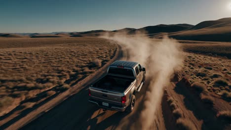 pickup truck driving through dusty desert landscape