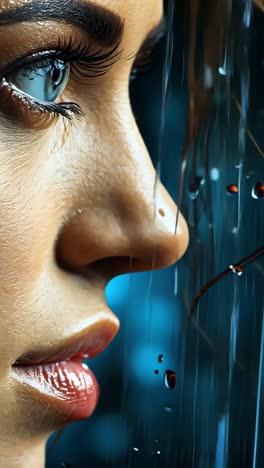 a close-up of a woman with wet hair and a thoughtful expression in rain