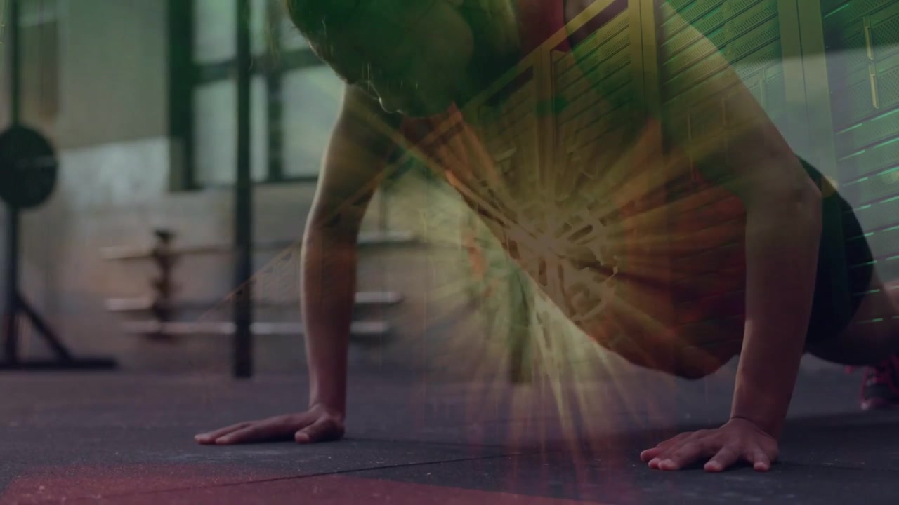 Woman training in gym on start, pressing up, bringing feet forward and jumping under radial overlay