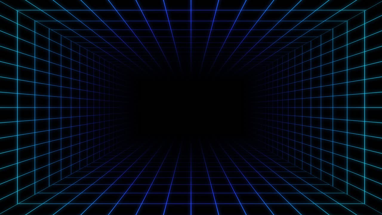 En retro vektor neon gittertunnel strækker sig ind i mørket, dens glødende blå linjer suser mod et forsvindingspunkt og skaber en hypnotisk følelse af dybde og uendelig digital animation.