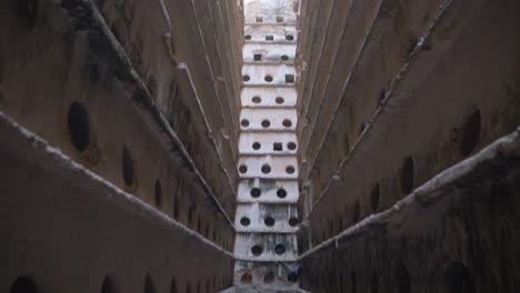 slow tilt down of an old dovecote with pigeons in barbate, spain,