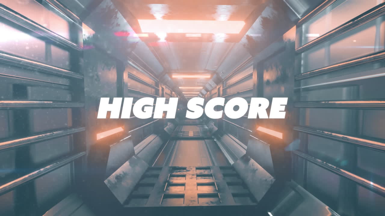 Animazione digitale del testo "high score" su un tunnel luminoso.