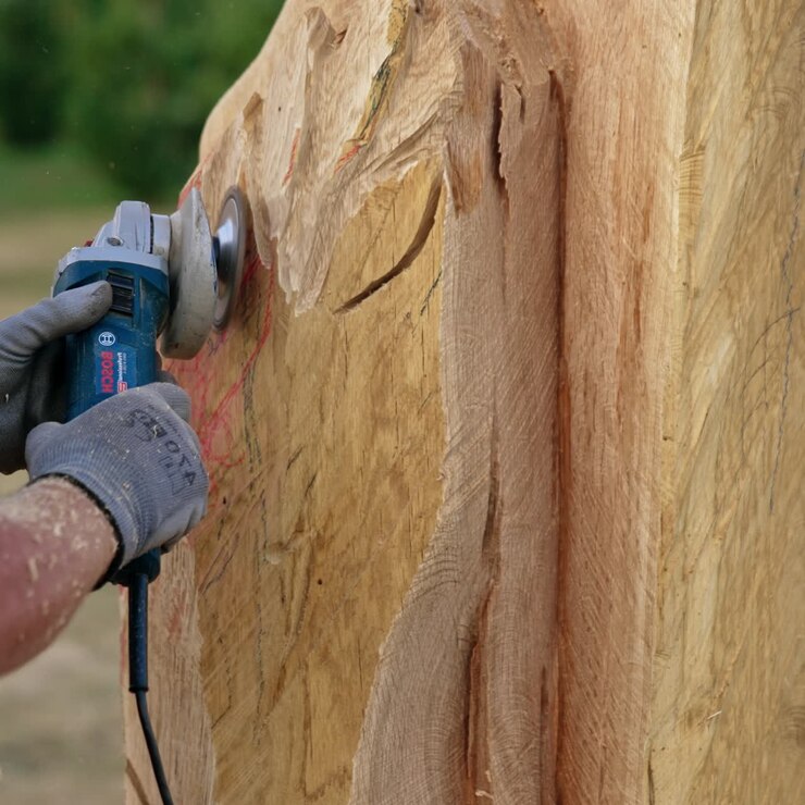 Hands in gloves hold the grinding tool working with wood. Process of wooden sculpture creation
