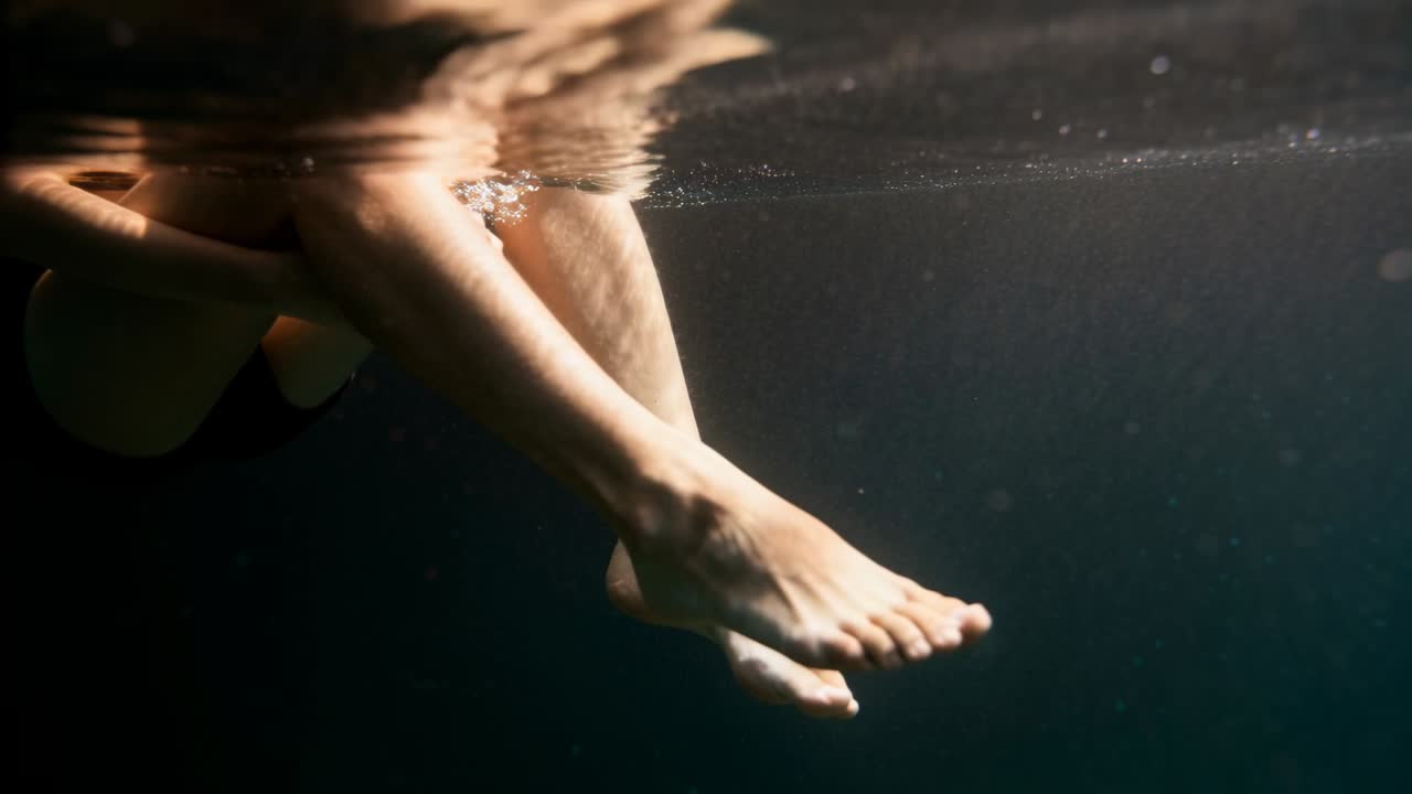 Shifting person in dark swimwear adjusting legs and toes near submerged camera under mirror surface