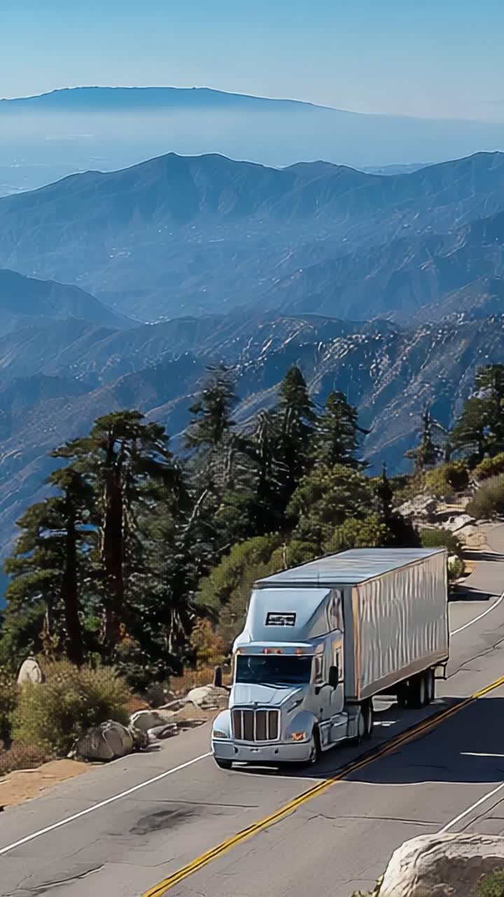 Un camion maestoso percorre una strada panoramica di montagna, circondato da una bellezza naturale mozzafiato e viste panoramiche su paesaggi sereni