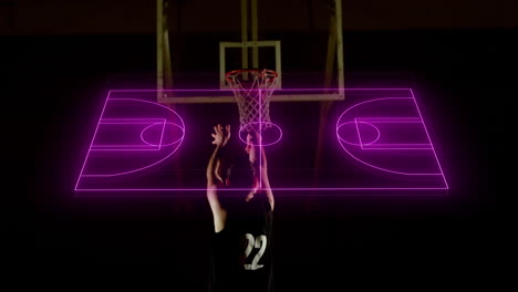 neon basketball court layout against african american male basketball player practicing basketball