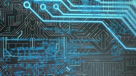 Animation of programming language over circuit board against black background
