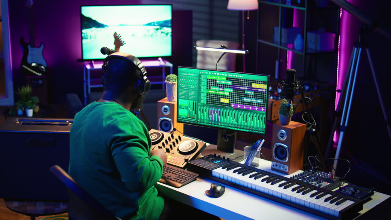 técnico de audio hábil editando pistas grabadas desde una unidad usb