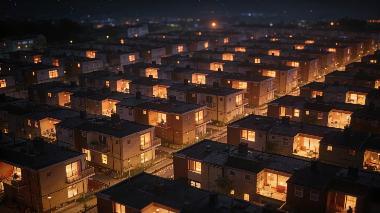 Un drone che plana rivela file di case con finestre luminose di notte, mostrando la vita domestica serale.