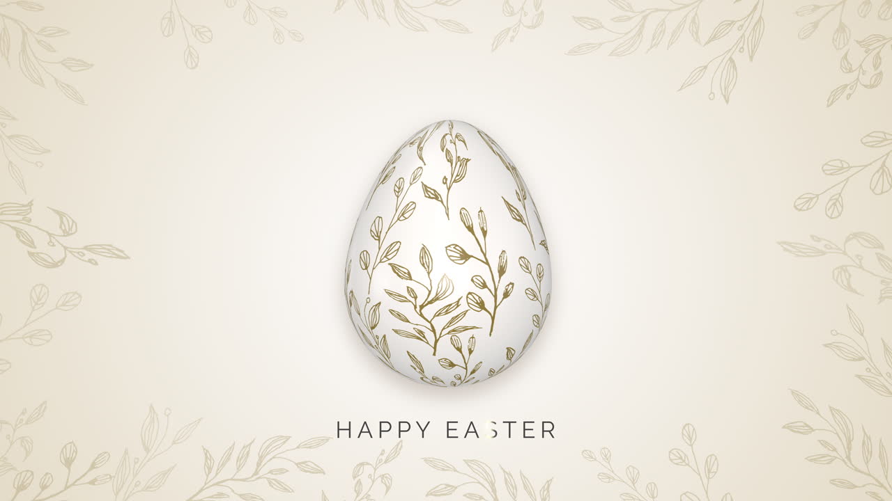 Easter egg spinning on cream background with patterns. Happy Easter inscription. Looped video.