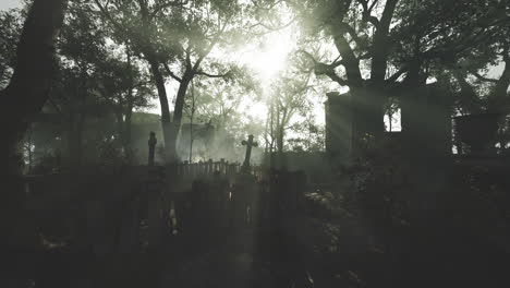 eerie graveyard with sunbeams