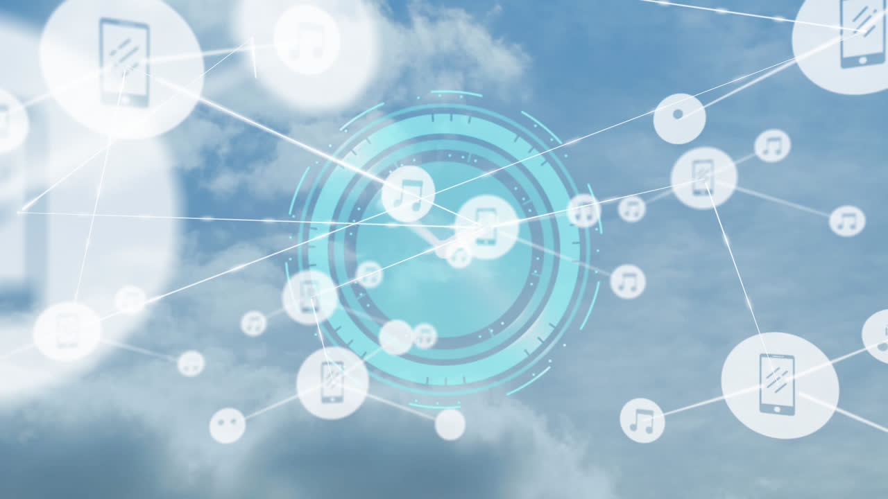 Animation of network of connections with icons over clock