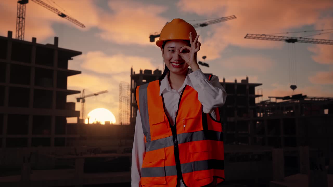 Ingeniera asiática con casco de seguridad mostrando el signo de «OK» con la mano sobre el ojo y sonriendo a la cámara mientras está de pie en una obra en construcción para una nueva casa