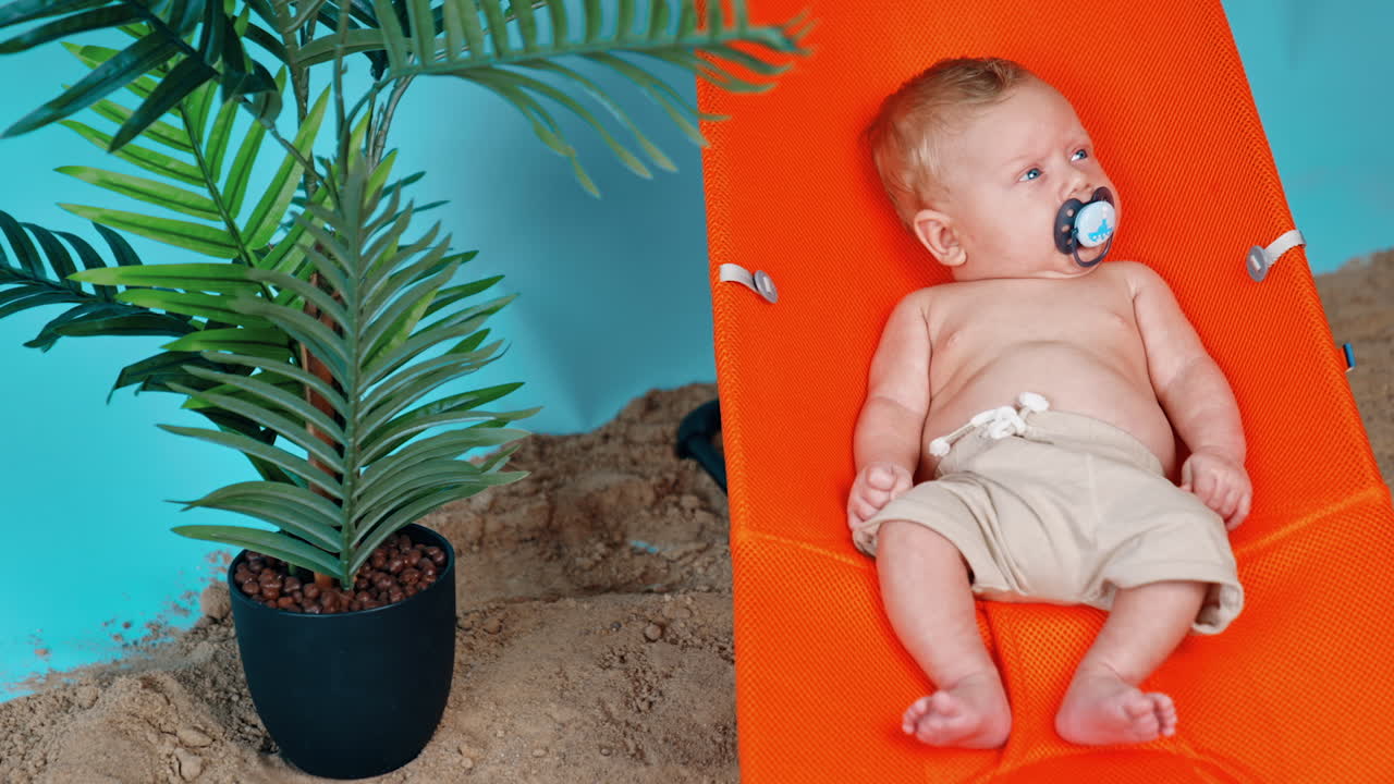 Adorable Caucasian infant relaxing on the imitated beach. Lovely kid in shorts and with pacifier looking attentively aside.