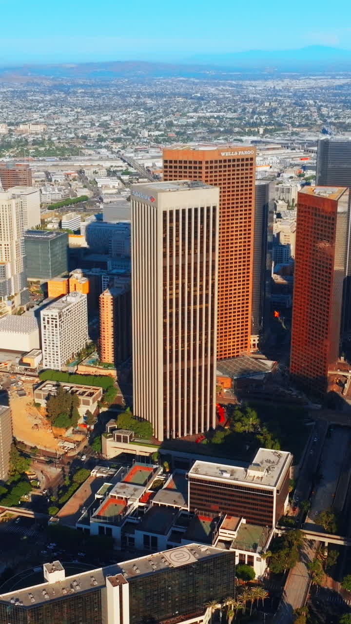Financial downtown of sunny Los Angeles. Diverse skyscrapers and multi-storied buildings in the city centre. Urban scenery at backdrop. Top view. Vertical video