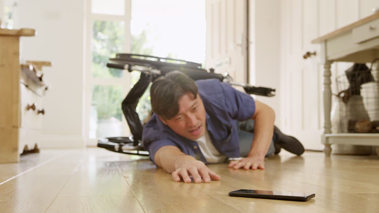 장애인 아시아인 남자가 집의 복도에서  ⁇ 체어에서 떨어지고 휴대전화로 도움을 요청하고 있습니다. 느린 속도로 촬영되었습니다.