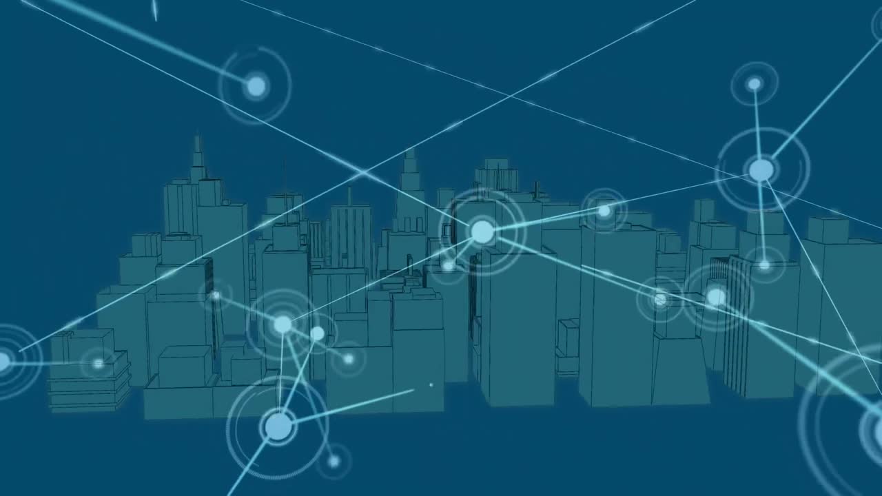 Animation of connected dots and rotating 3d model of modern cityscape over blue background