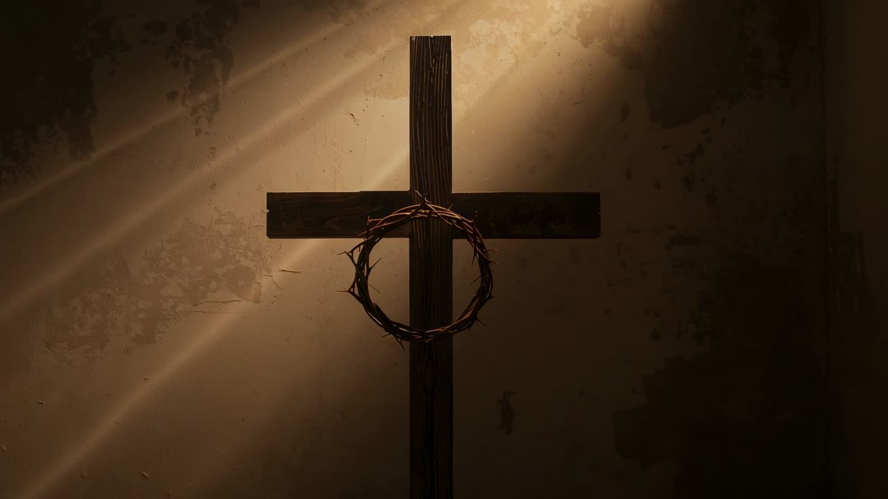 Shining light beam into chapel illuminating cross with crown of thorns, creating solemnity