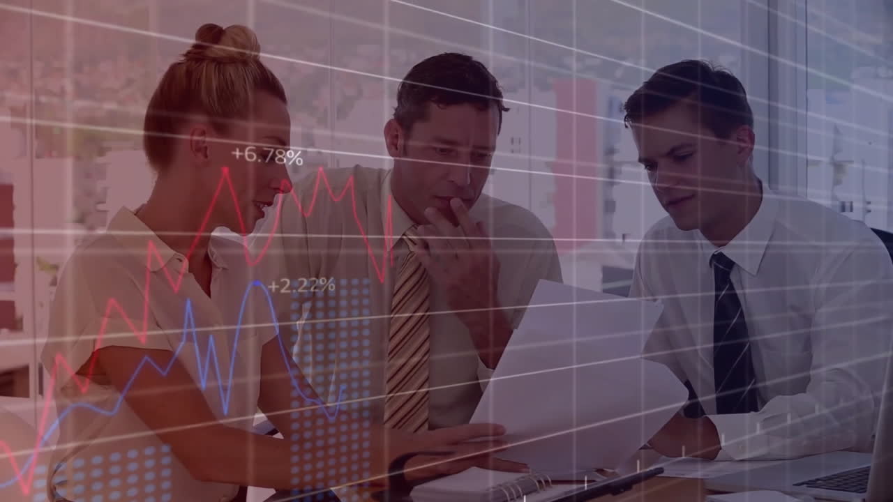 Animation of financial data processing over diverse business people in office