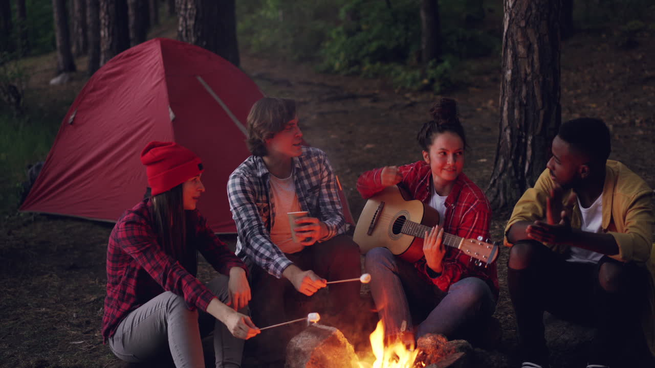 Friends Camping and Enjoying a Campfire Evening