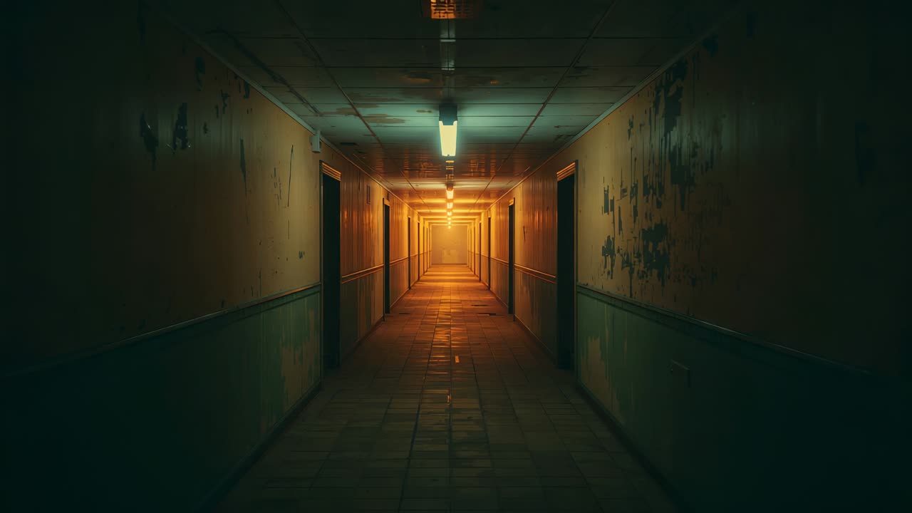 Camera push moving empty hall into warm light, revealing peeling paint, ceiling fixture