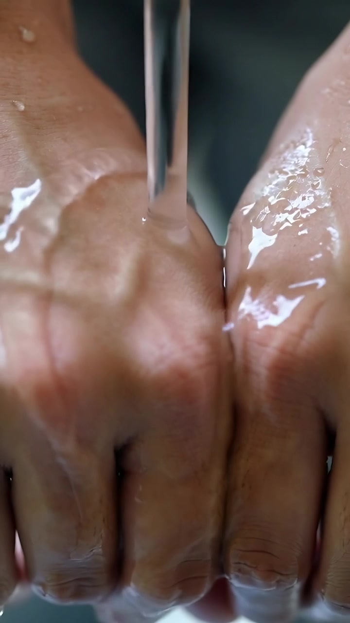 Vertical video: Running faucet sending water, pair of hands rinsing at sink, removing soap lather