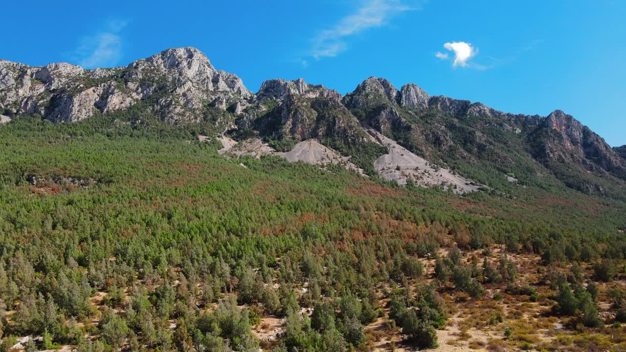 A breathtaking view of Tunisia's Jbal Ressas, showcasing rugged mountains, vibrant autumn foliage, and a serene landscape under a clear sky.