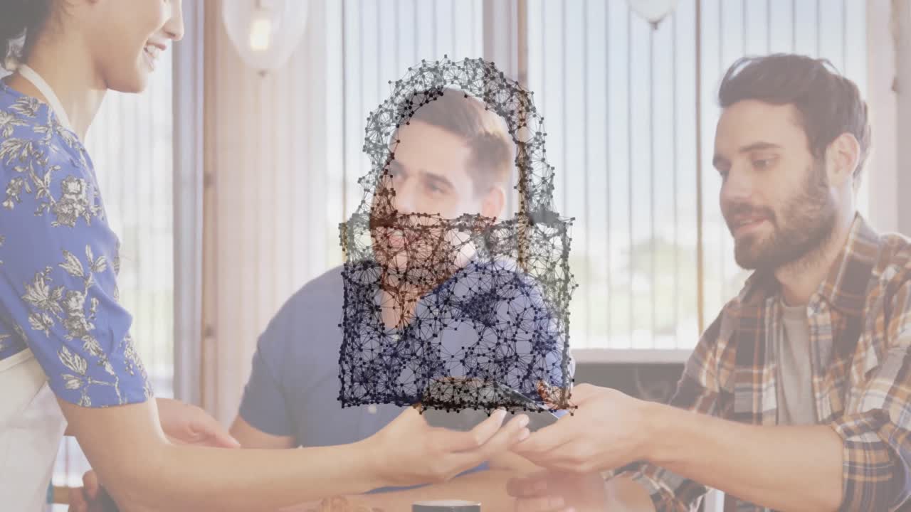 animación del candado de seguridad de la red sobre las personas que utilizan el terminal de pago
