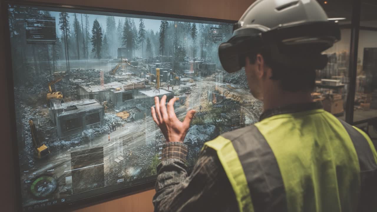 A Construction Worker Engaged in Virtual Reality Technology to Enhance Project Planning and Site Visualization, Showcasing Innovative Approaches to Modern Engineering Solutions and Safety Measures