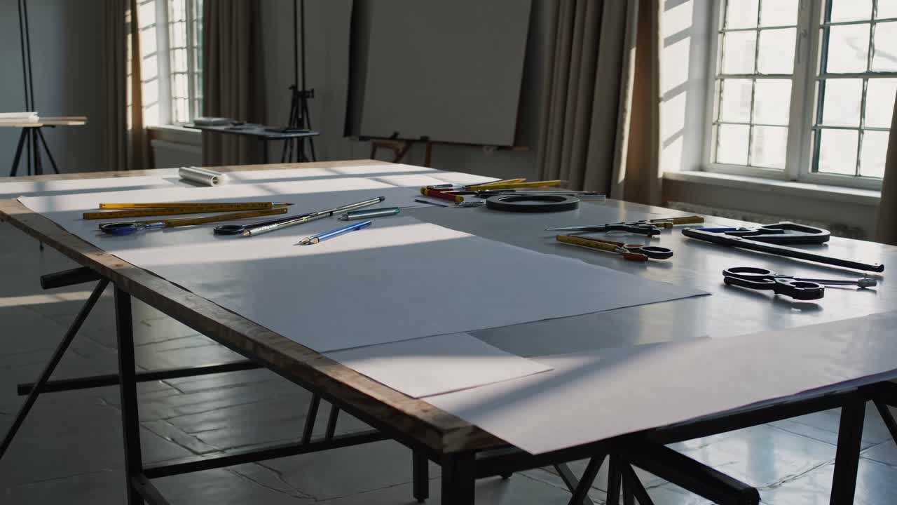 A video still of a sunlit workspace with drafting tools on a large table