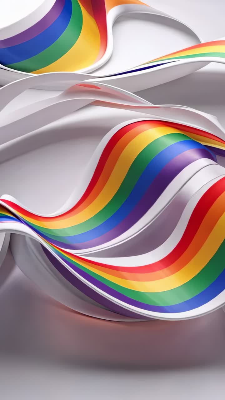 Vertical video: Emerging rainbow-striped ribbon weaving over white loops on studio floor, CGI