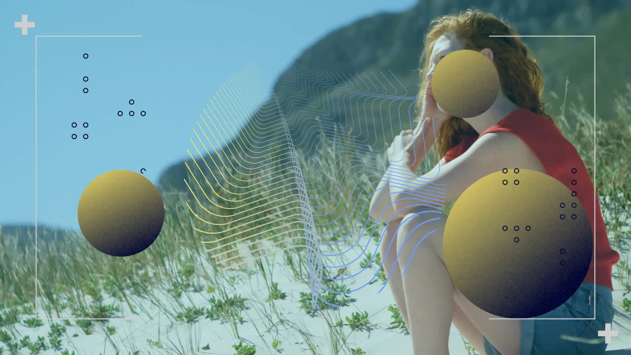 Woman sitting on beach with abstract shapes and lines overlay animation